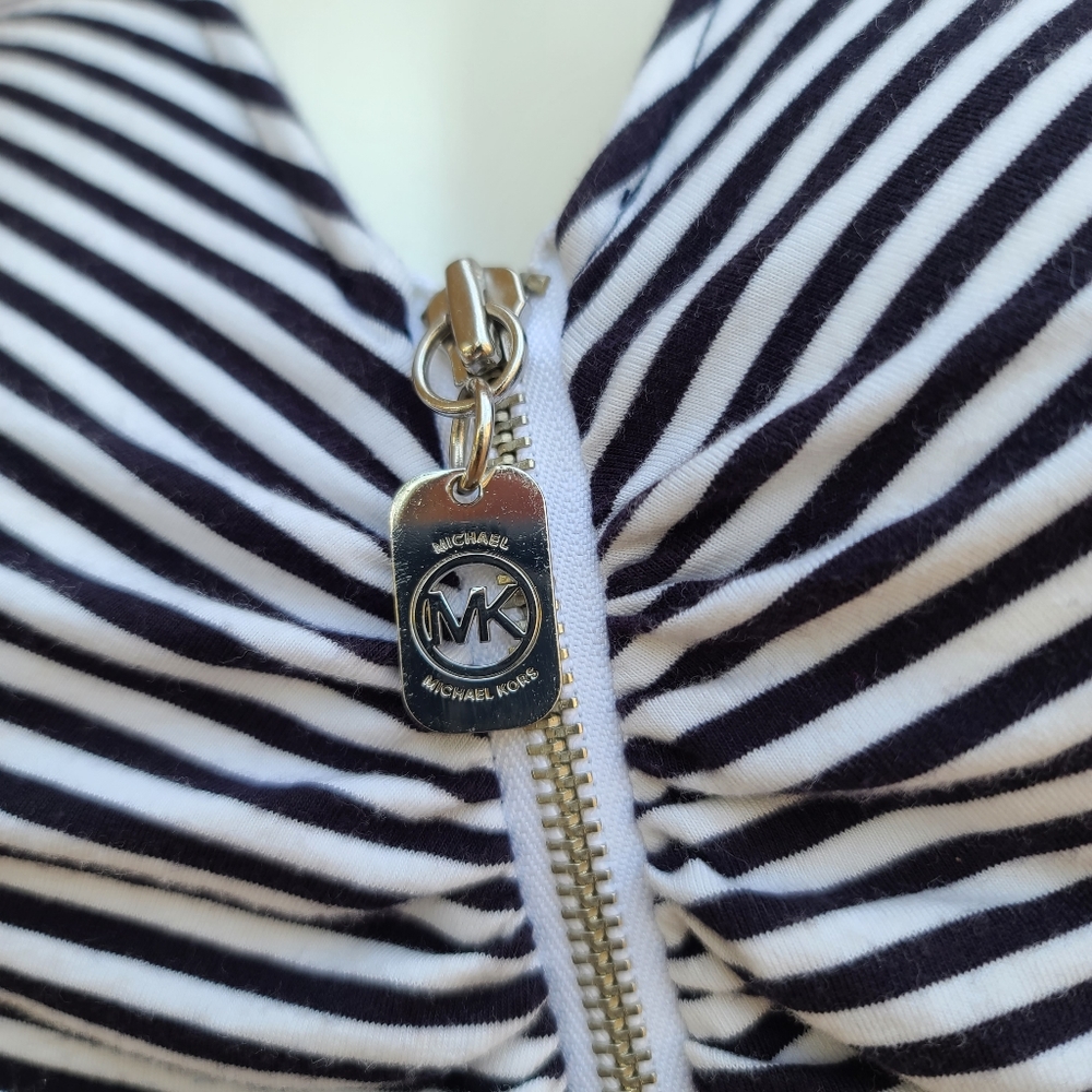 MICHAEL KORS Striped Long Sleeve Knit Top S Small Shirt Ruched Zipper Front - Picture 7 of 13